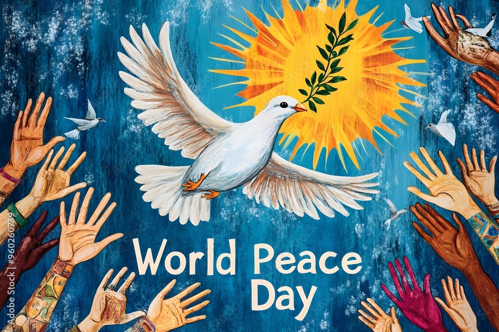 Obraz premium world peace day poster pigeon olive leaf hand people