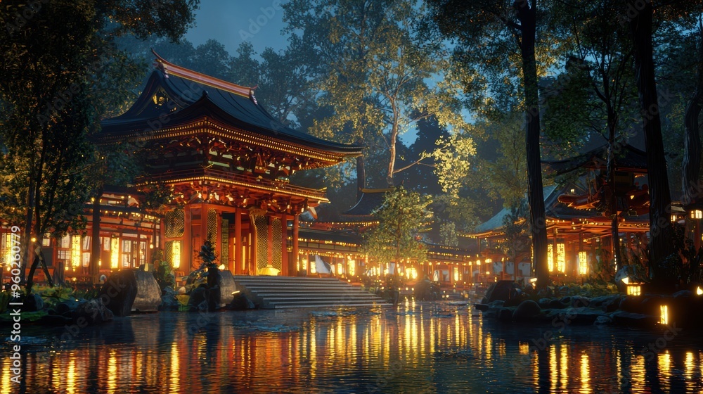 Illuminated Pagoda Surrounded by Lanterns Reflecting in Tranquil Pond at Night Illuminated Pagoda Surrounded by Lanterns Reflecting in Tranquil Pond at Night