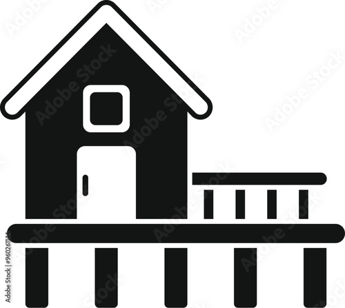 Simple vector icon of a small wooden hut standing on stilts over water, in black and white