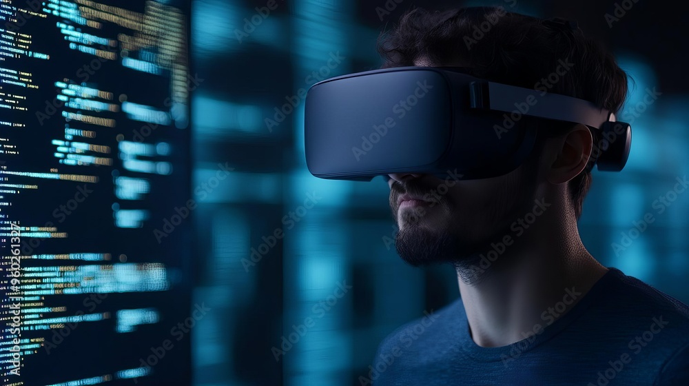 Database developer, virtual reality coding tools, advanced tech environment, dark tones