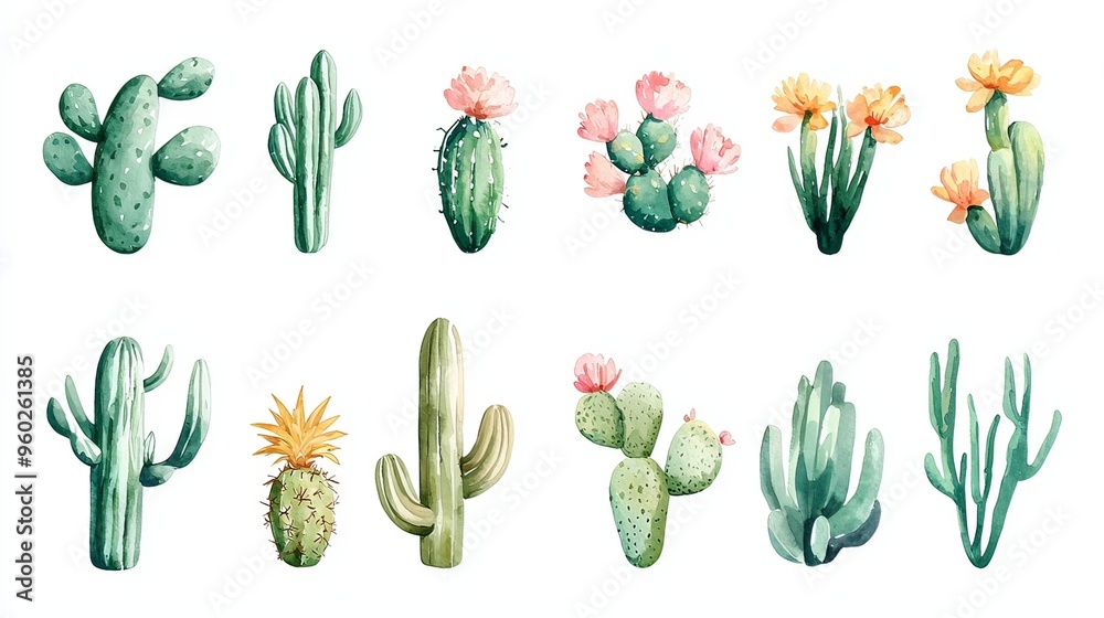Vibrant Watercolor Cactus Sticker Collection Showcasing Diverse Succulent Varieties Vibrant Watercolor Cactus Sticker Collection Showcasing Diverse Succulent Varieties