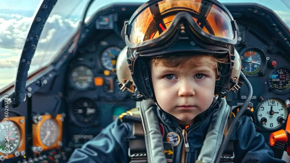 Kid as a pilot wearing a uniform and aviator glasses in a colorful airplane cockpit Kid as a pilot wearing a uniform and aviator glasses in a colorful airplane cockpit