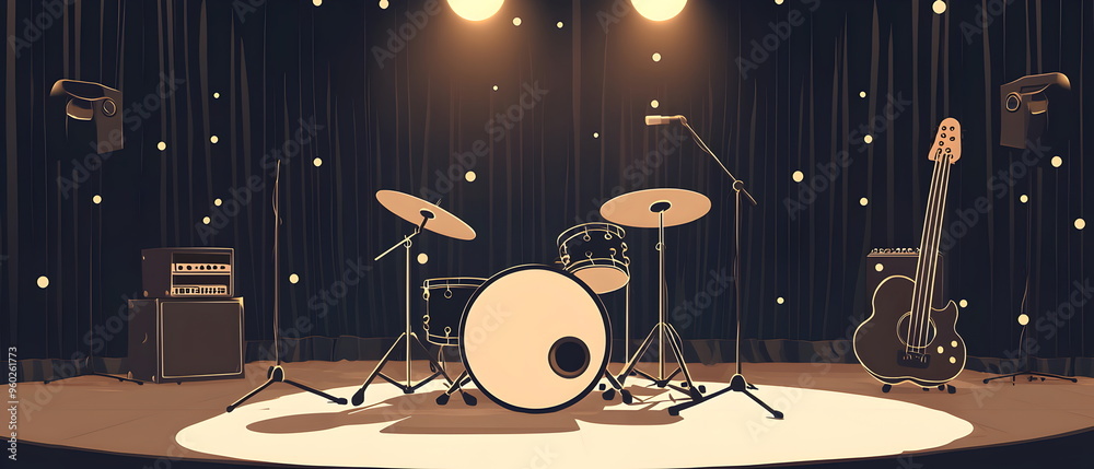 Fototapeta premium a flat vector illustration of an empty stage with a drum set and guitar, a music studio background, black curtains, suitable for a widescreen wallpaper, A golden spotlight shines down from above.