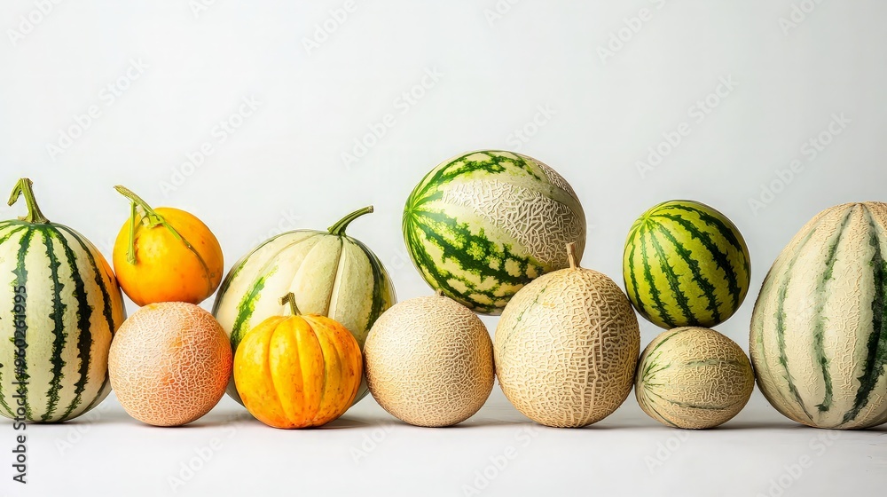 A Variety of Melons and Pumpkins on a White Background A Variety of Melons and Pumpkins on a White Background