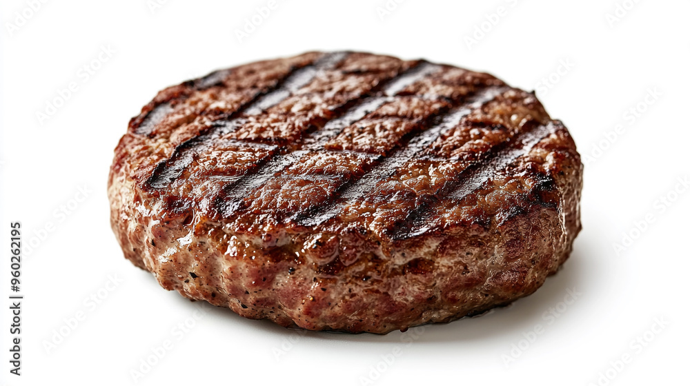 Grilled burger patty on a white background showcasing cooking marks and juicy texture, perfect for a summer barbecue or quick meal Grilled burger patty on a white background showcasing cooking marks and juicy texture, perfect for a summer barbecue or quick meal