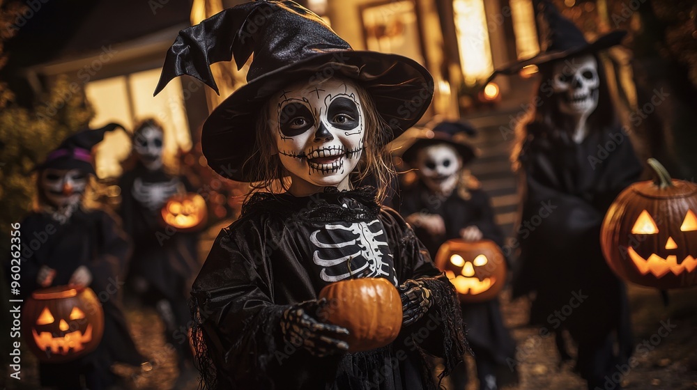 A group of children dressed as skeletons and witches joyfully trick or treat in a lively neighborhood, their faces lit up by Jack o lanterns, with a haunted house in the distance A group of children dressed as skeletons and witches joyfully trick or treat in a lively neighborhood, their faces lit up by Jack o lanterns, with a haunted house in the distance