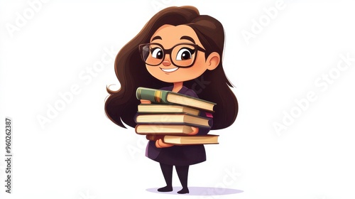 Cartoonized Female Librarian Character in Glasses with Book - Whimsical Illustration.