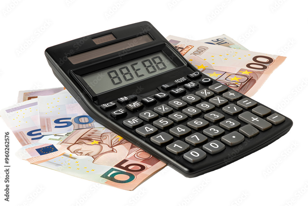 calculator and Euro banknotes, isolated on white or transparent background, PNG calculator and Euro banknotes, isolated on white or transparent background, PNG