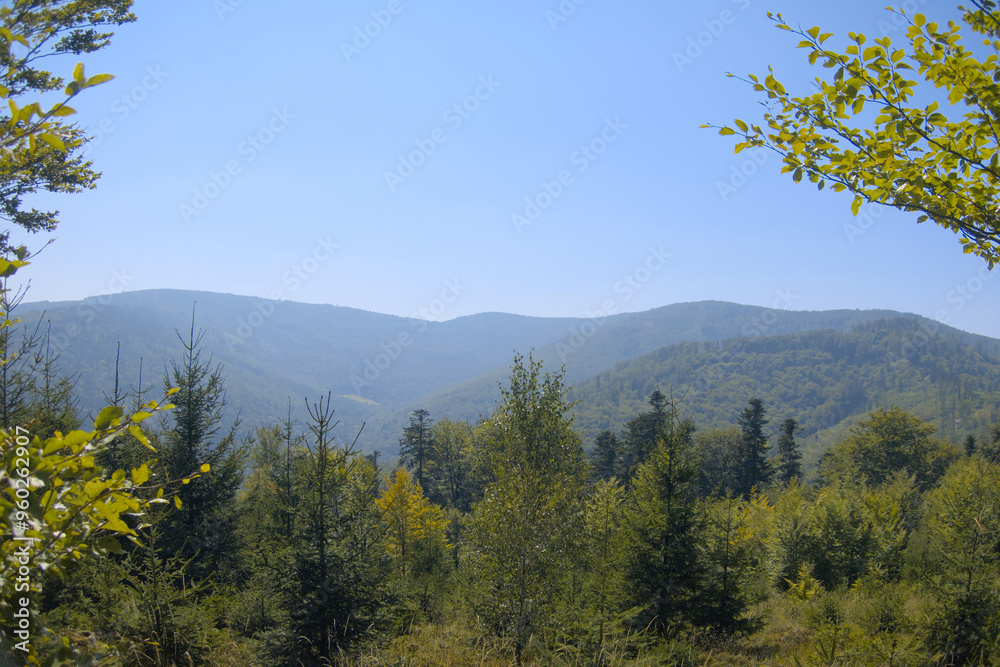 Mountain view during sunny summer day and warm weather in beskid mountains as illustration of hiking, camping, nature tourism and travel Mountain view during sunny summer day and warm weather in beskid mountains as illustration of hiking, camping, nature tourism and travel