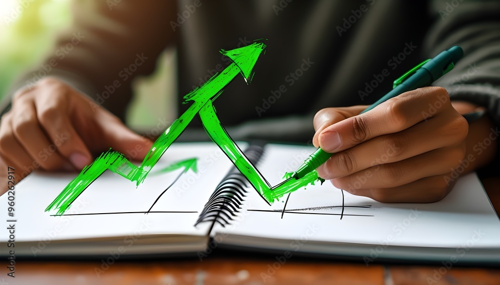 Dynamic graph illustration with a positive trend sketched in a notebook ...