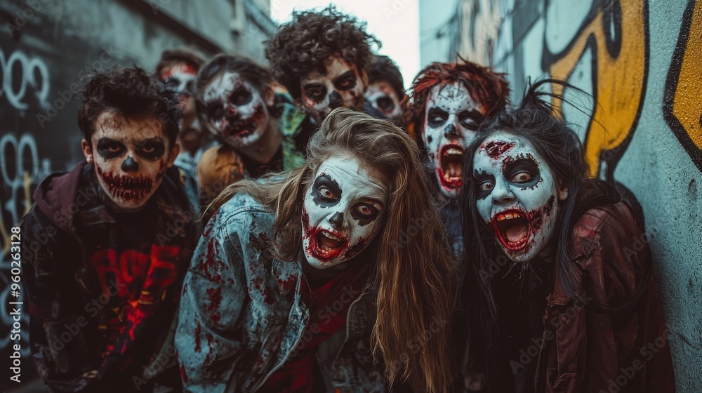 A diverse group of teenagers in zombie makeup having a fun, energetic photoshoot in an urban alley, with graffiti-covered walls and moody lighting A diverse group of teenagers in zombie makeup having a fun, energetic photoshoot in an urban alley, with graffiti-covered walls and moody lighting