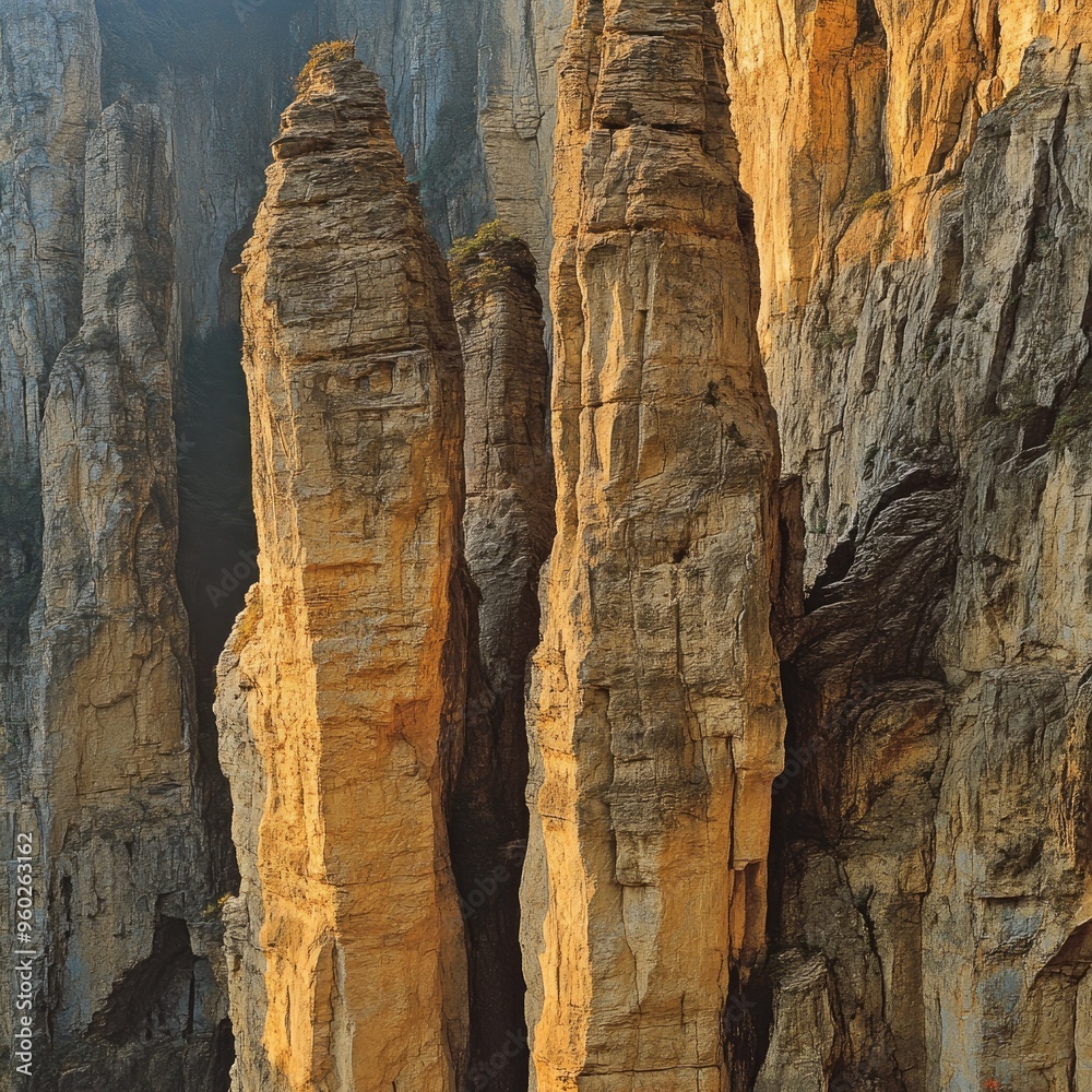 The ancient sandstone pillars of Zhangjiajie, with their intricate layers and weathered textures The ancient sandstone pillars of Zhangjiajie, with their intricate layers and weathered textures