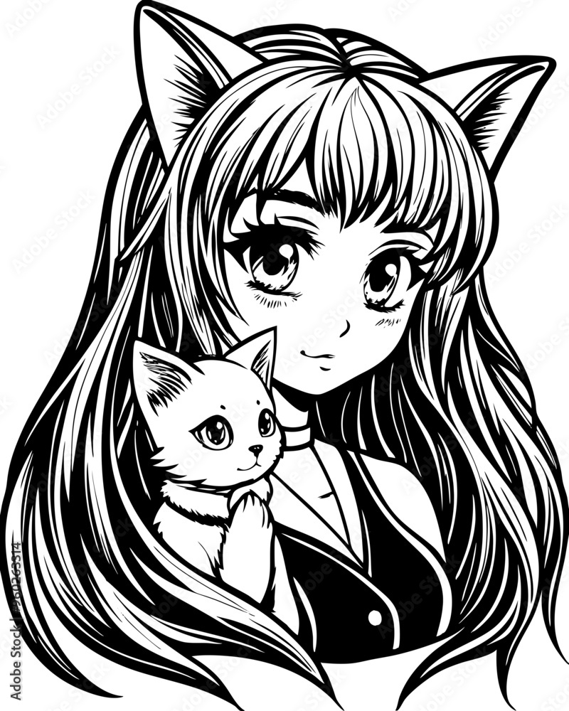 the cat is on the girl's lap vector design