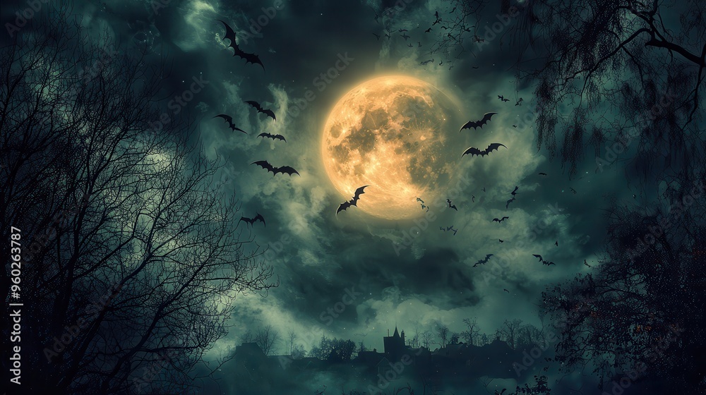 Fototapeta premium A dramatic Halloween night sky filled with bats swooping across a full moon, with thick, swirling clouds casting shadows over a distant, haunted village