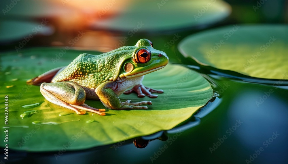 frog on top of a green leaf, inside a lake, with flowery banks frog on top of a green leaf, inside a lake, with flowery banks