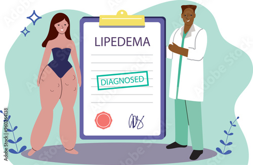 Lipedema concept illustration. Male medical doctor and fat female patient