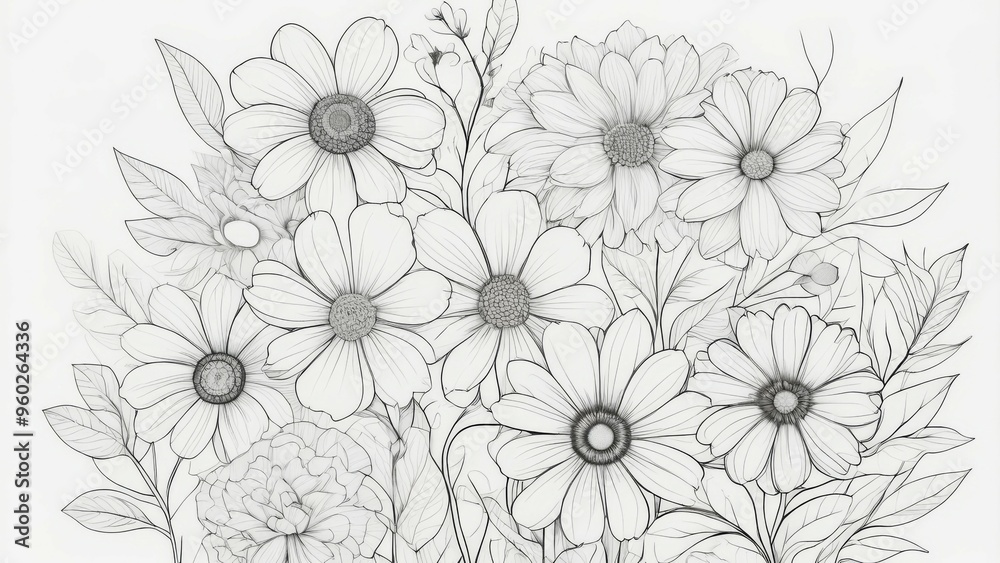 Delicate line art illustration of a bouquet of flowers Delicate line art illustration of a bouquet of flowers