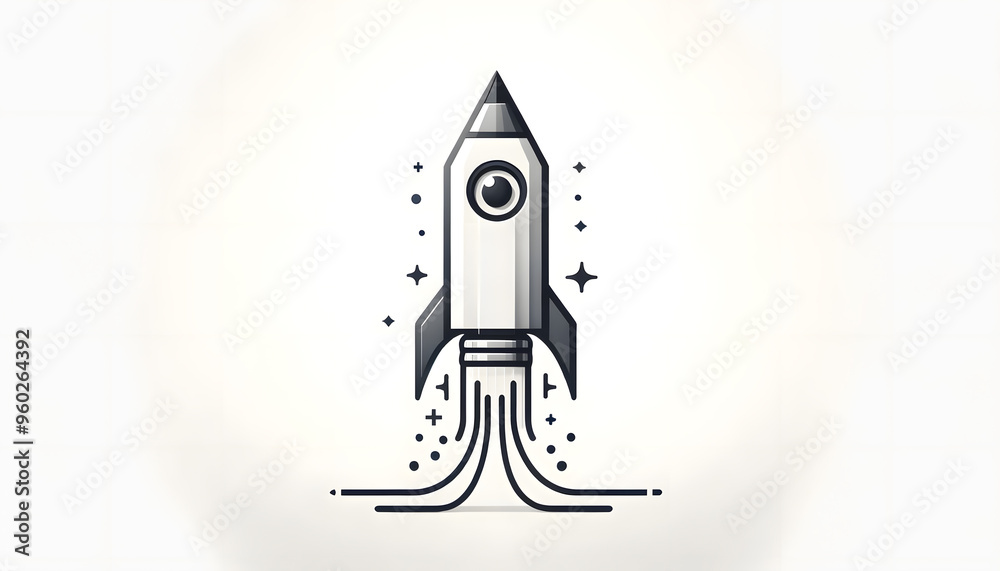 Minimalistic design of a rocket launching from a pencil tip, symbolizing creative ideas taking off towards success. The rocket is sleek and simple Minimalistic design of a rocket launching from a pencil tip, symbolizing creative ideas taking off towards success. The rocket is sleek and simple