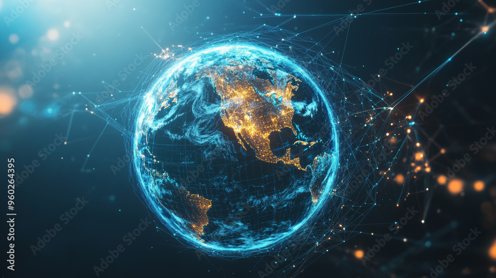 Technological background showcasing a hologram of planet Earth with connection lines surrounding the globe. Represents the concept of social networks and uniting people around the world. 3D rendering. Technological background showcasing a hologram of planet Earth with connection lines surrounding the globe. Represents the concept of social networks and uniting people around the world. 3D rendering.