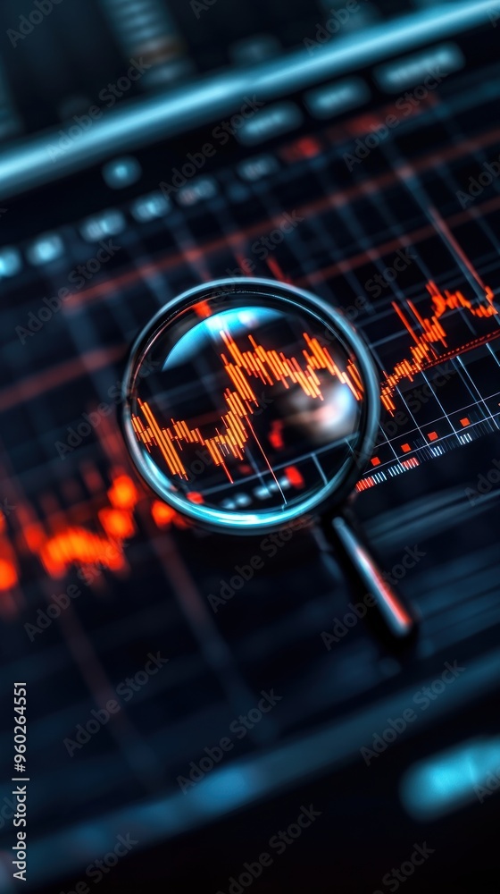 Magnifying glass over a stock market graph on a digital screen, symbolizing detailed analysis of credit ratings, financial performance Magnifying glass over a stock market graph on a digital screen, symbolizing detailed analysis of credit ratings, financial performance