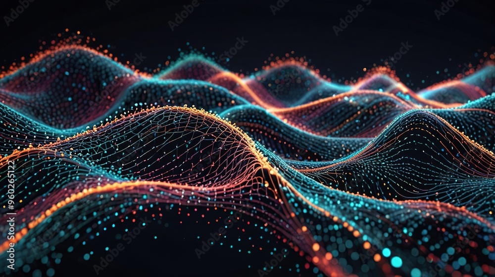 Abstract technology stream background. Digital dynamic wave of dots. Network connection structure. 3D rendering. Abstract technology stream background. Digital dynamic wave of dots. Network connection structure. 3D rendering.