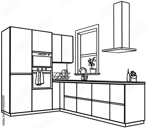 Kitchen interior sketch, home furniture