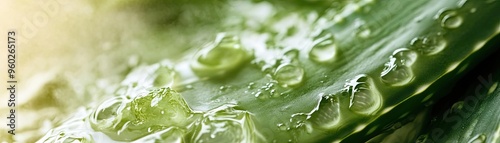Close-up of fresh green aloe vera leaves with droplets, highlighting their natural essence and soothing properties for skincare.