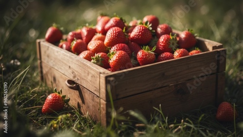 ripe strawberries in wooden box lying in the grass. photo