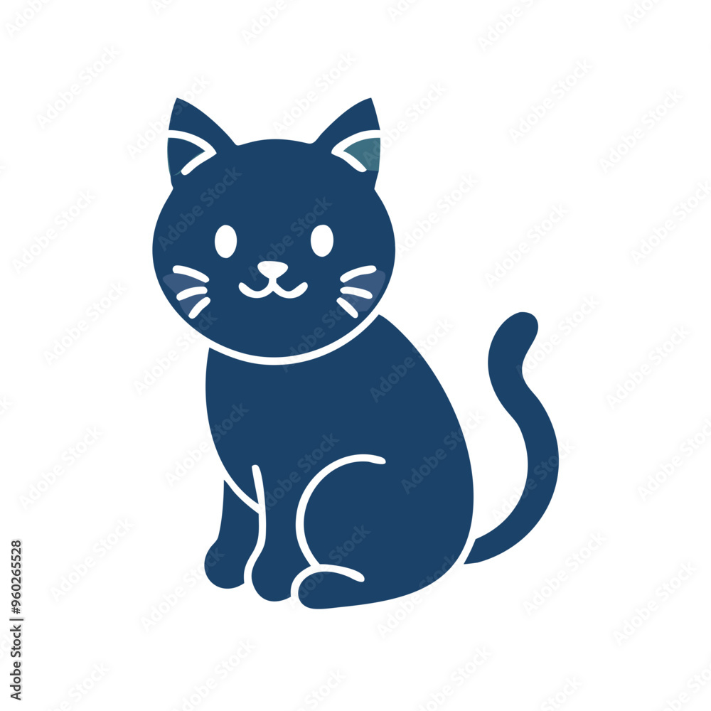 Dark Blue Cat Icon with White Details and Large Ears Sitting Facing Left Dark Blue Cat Icon with White Details and Large Ears Sitting Facing Left