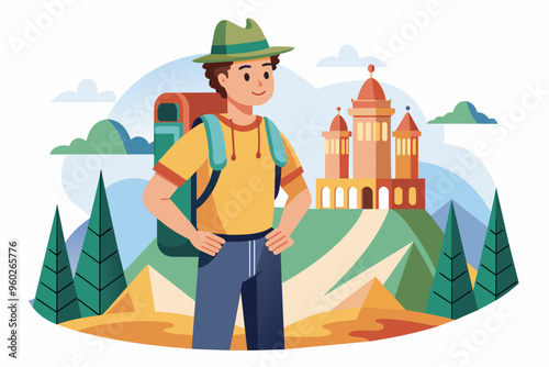 Tourist with a backpack from his back vector art illustration