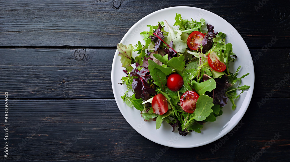 Fresh mixed green salad with tomatoes on a rustic wooden table with a white plate Fresh mixed green salad with tomatoes on a rustic wooden table with a white plate
