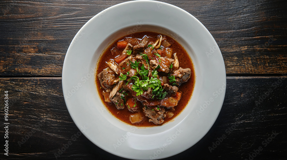 Homemade beef stew in white bowl on rustic table, filled with beef, vegetables, and seasonings. Ideal for promoting traditional, healthy cooking Homemade beef stew in white bowl on rustic table, filled with beef, vegetables, and seasonings. Ideal for promoting traditional, healthy cooking