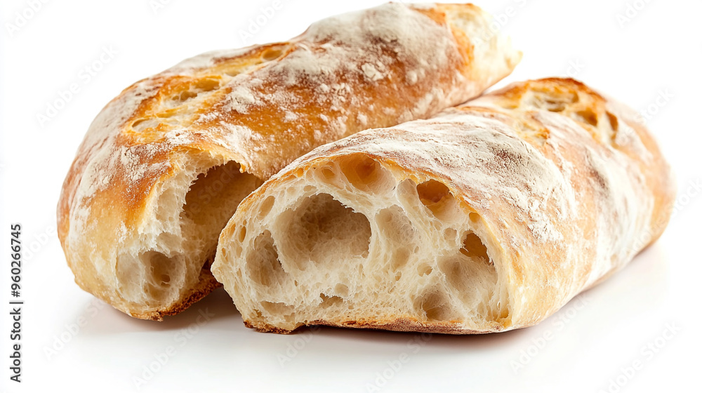 Freshly baked ciabatta bread with a crispy crust and airy interior presented on a clean surface Freshly baked ciabatta bread with a crispy crust and airy interior presented on a clean surface