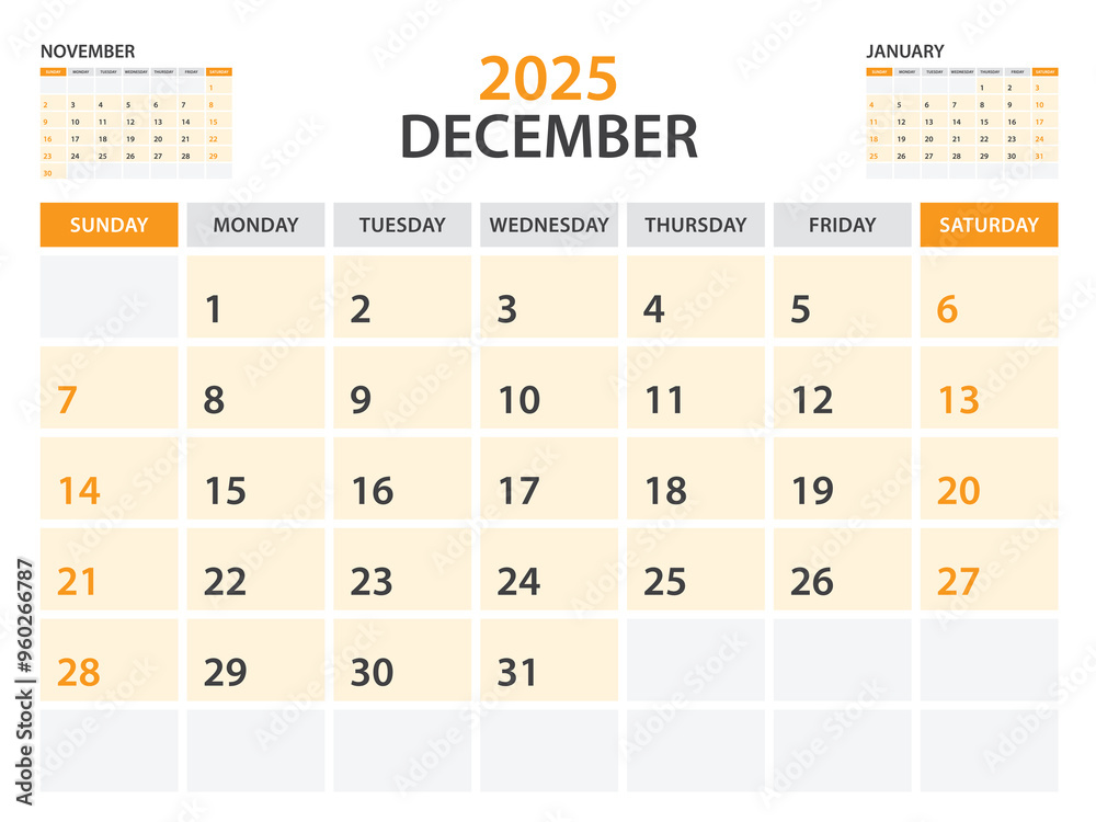 Calendar 2025 template- December 2025 year, monthly planner, Desk Calendar 2025 template, Wall calendar design, Week Start On Sunday, Stationery, printing, office organizer vector, orange background Calendar 2025 template- December 2025 year, monthly planner, Desk Calendar 2025 template, Wall calendar design, Week Start On Sunday, Stationery, printing, office organizer vector, orange background