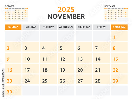 Calendar 2025 template- November 2025 year, monthly planner, Desk Calendar 2025 template, Wall calendar design, Week Start On Sunday, Stationery, printing, office organizer vector, orange background photo