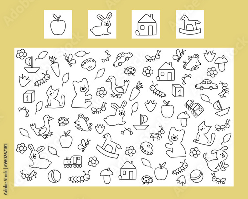 Find an object or animal game. Educational game for attention. Printable sheet.