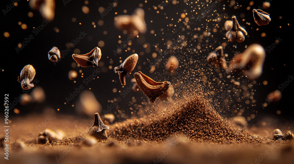 Ground spices flying in the air above a mound of finely ground cinnamon in a dark kitchen setting during the afternoon Ground spices flying in the air above a mound of finely ground cinnamon in a dark kitchen setting during the afternoon