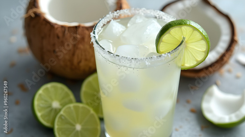  Refreshing Coconut Lime Cocktail on Grey Background