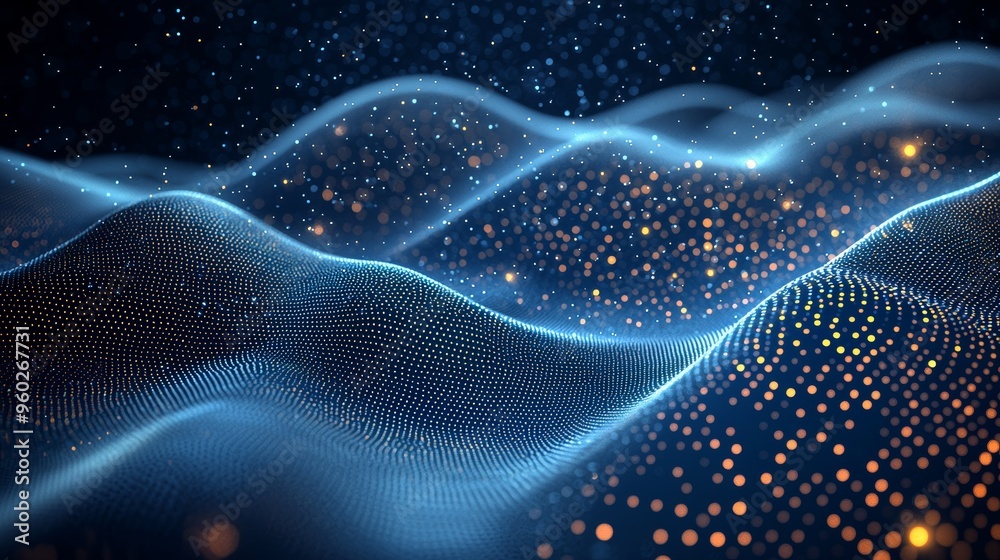 Digital landscape of glowing waves and particles created through abstract visualization techniques in a dark setting Digital landscape of glowing waves and particles created through abstract visualization techniques in a dark setting