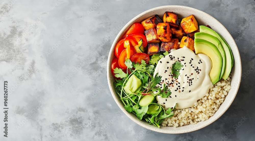 Healthy vegan bowl with roasted vegetables, avocado, and creamy dressing, served with sesame seeds on a light background, vegan comfort food, selective focus, copy space
Healthy vegan bowl with roasted vegetables, avocado, and creamy dressing, served with sesame seeds on a light background, vegan comfort food, selective focus, copy space