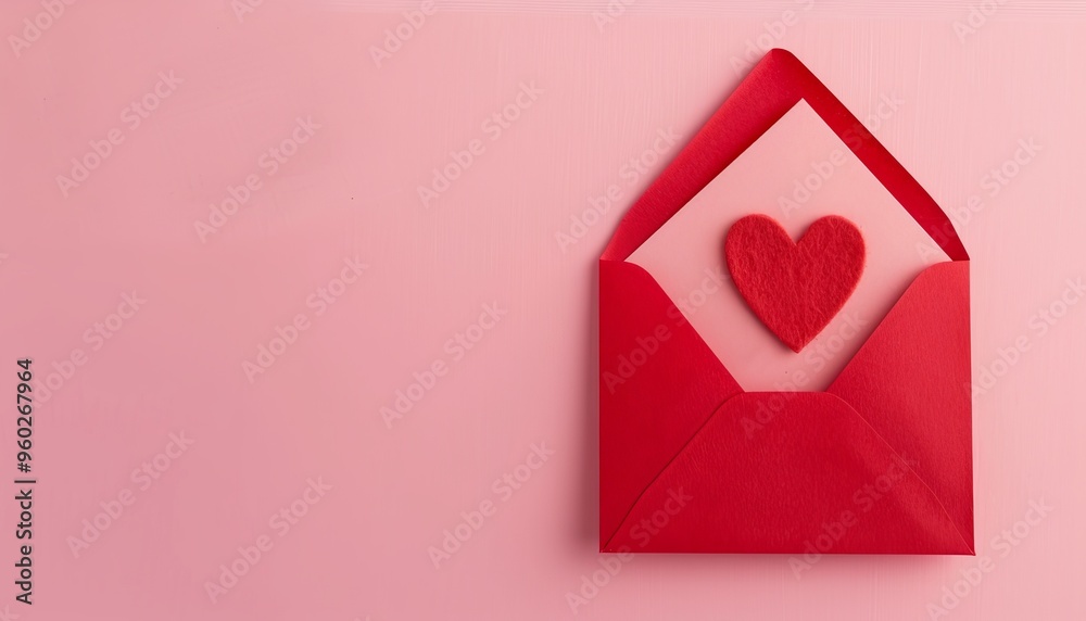 Love Notes in a Red Envelope: Valentines Day Banner with Heart on Pink Background