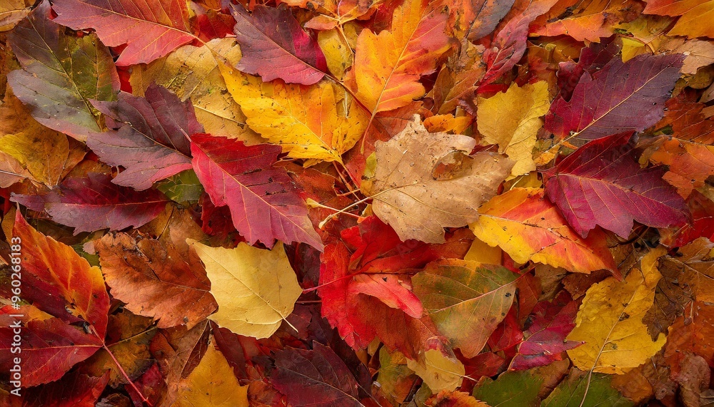 Obraz premium A vibrant carpet of autumn leaves in reds, oranges, yellows, and browns covers the ground, bathed in soft sunlight, creating a serene fall scene.