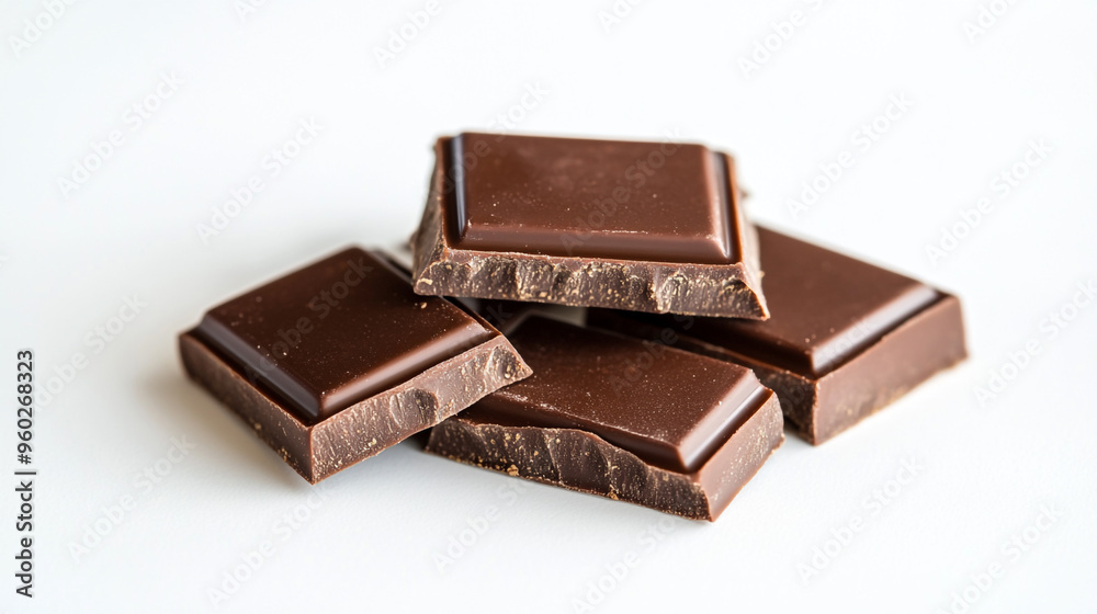 Decadent dark chocolate squares stacked elegantly on a clean white surface with subtle lighting Decadent dark chocolate squares stacked elegantly on a clean white surface with subtle lighting