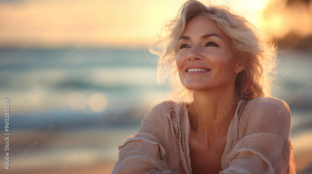 A woman enjoying a serene moment by the beach at sunset. A woman enjoying a serene moment by the beach at sunset.