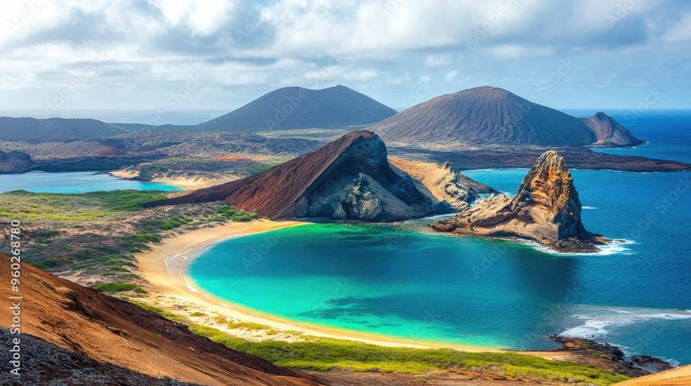 Naklejka premium The famous Pinnacle Rock at Bartolome Island, with turquoise waters and sandy beaches in the foreground.