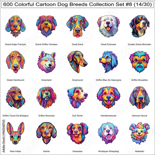 Colorful Dog Breeds Cartoon Characters Sticker Bundle Collection Set 8 of 600 Dog Faces Isolated Part 14 photo