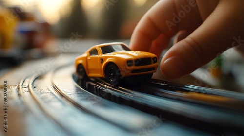 Hand Holding a Toy Car: A hand rolling a toy car along a track, with a close-up focus on the car and the hand’s movement. 