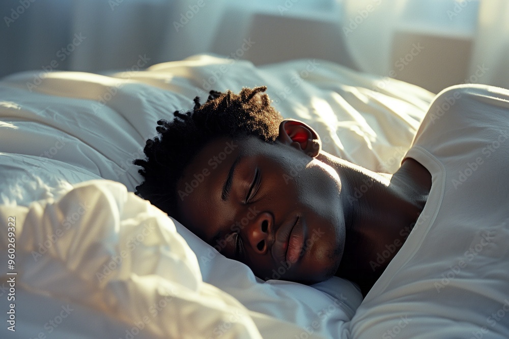 A beautiful black man sleeps on a white pillow covered with a white blanket. The rays of dawn illuminate his face. AI generative A beautiful black man sleeps on a white pillow covered with a white blanket. The rays of dawn illuminate his face. AI generative