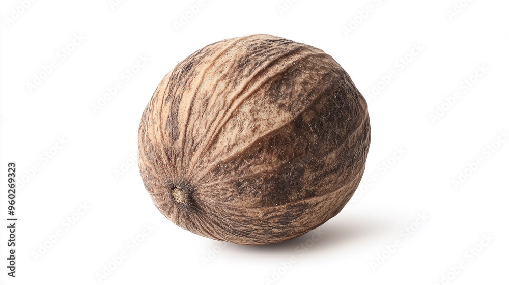 A whole nutmeg spice resting on a white background showcasing its rough, textured shell and organic shape A whole nutmeg spice resting on a white background showcasing its rough, textured shell and organic shape