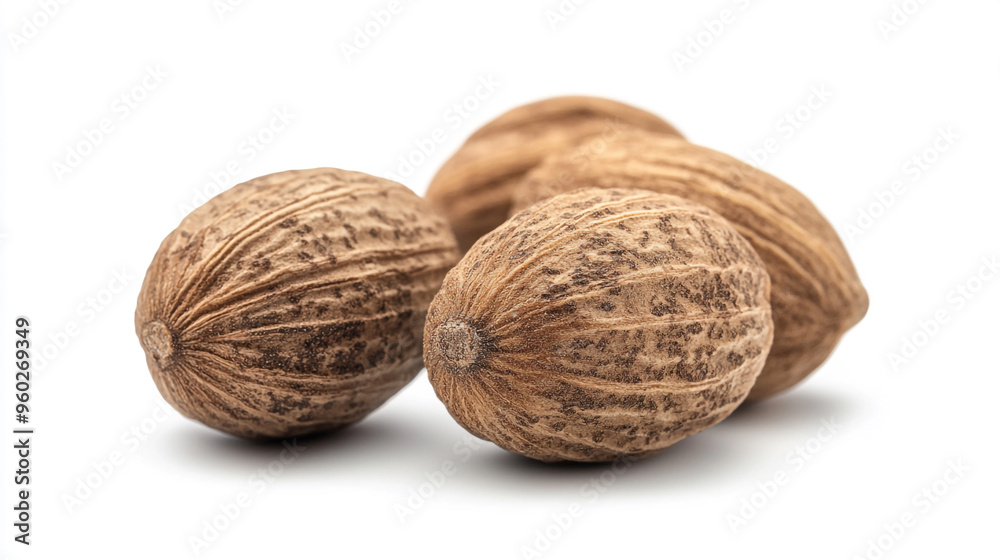 Whole nutmeg seeds arranged on a white background showcasing their textured shells and natural shape Whole nutmeg seeds arranged on a white background showcasing their textured shells and natural shape